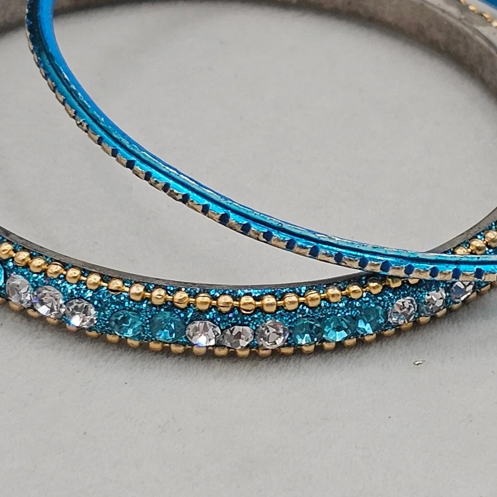 Rhinestone Bangle Bracelet + 1 Accent Bangle 2 Stackable Blue Teal Gold Tone